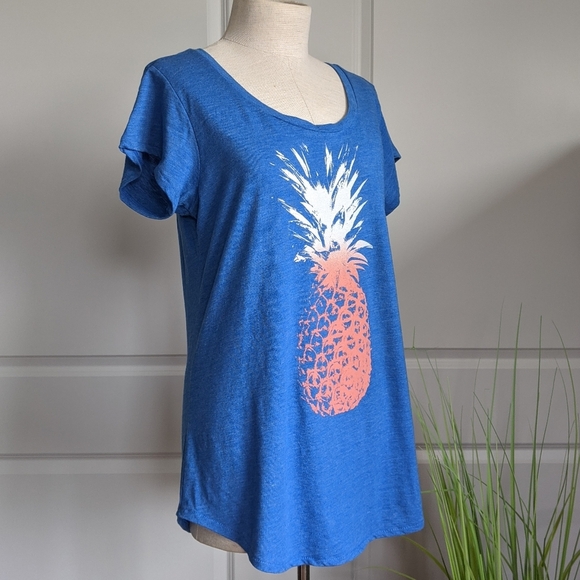 Lucky Brand Tee Pineapple Print Scoop Neck Short Sleeve Blue L NWOT - Picture 3 of 12